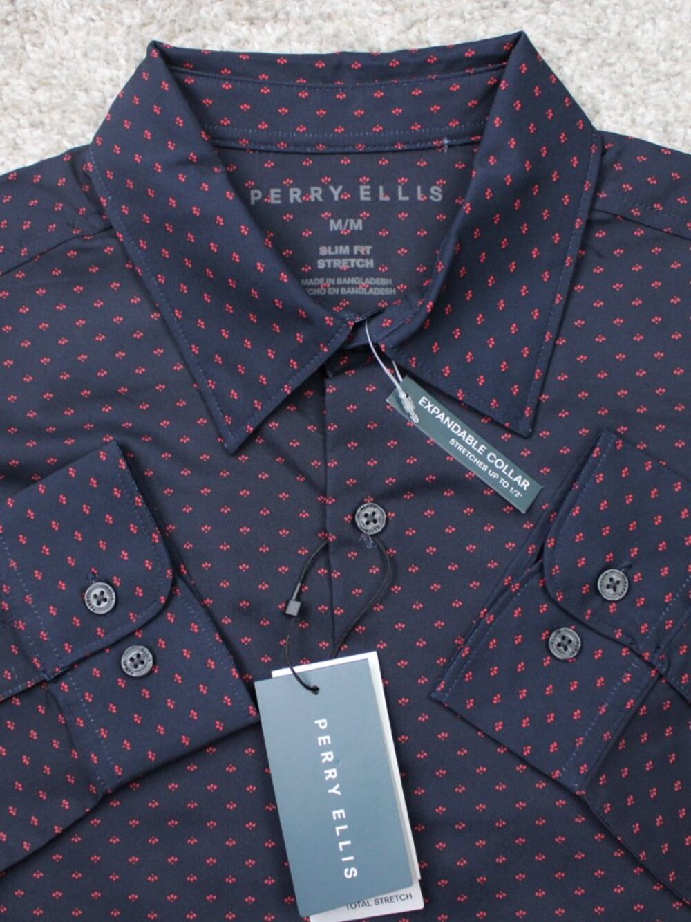 Perry Ellis Shirt NWT Men Medium Purple/Red Geometric Slim Fit Total Stretch L/S